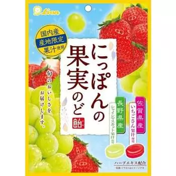 Леденцы от боли в горле Lion Nippon-no-Fruits (Shine Мускат/Клубника) 71 гЭта таблетка для рассасывания от горла изготовлена из фруктового сока. 1