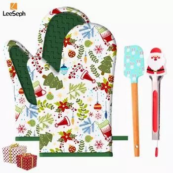 Leeseph Festive Christmas Kitchen Set, Holiday Themed Oven Mitts, Spatula and Santa Claus Tongs, Perfect for Baking, Cooking