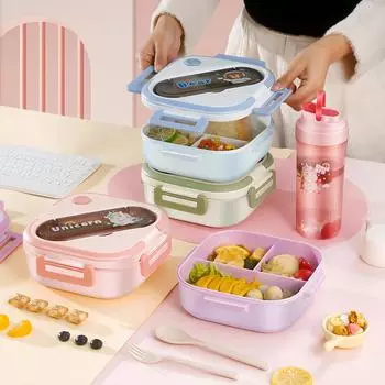 «Легкоочищаемый» герметичный ланч-бокс Bento с 3 отделениями, ложкой и вилкой — идеально подходит для школы, офиса, кемпинга и пикников
