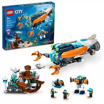 LEGO City Deep Sea Explorer Submarine 60379 Строительная игрушка «Кораблекрушение», 6 мини-фигурок и 3 фигурки акул для творческой идеи подарка для детей от 7 лет и старше, набор