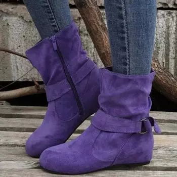 Leisure Ankle Boots 2024 New Simple Commuting Round Toe Leather Boots Flat Bottomed Belt Buckle Women s Shoes Zapatos De Mujer 38 фиолетовый
