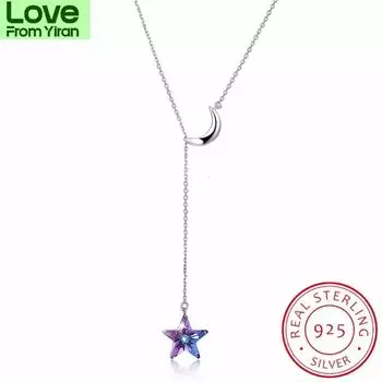 Lekani Crystals Long Chain Necklaces Pendants Real 925 Silver Moon Star Collares For Women Gifts Fine Jewelry