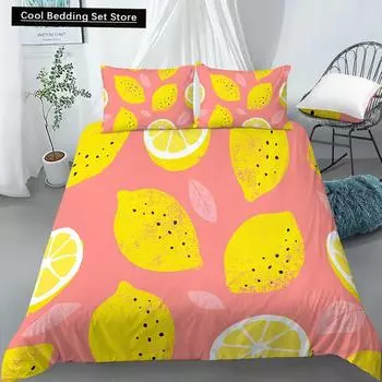 Lemon Printed Bedding Set Yellow Green Fruit Theme Pink Duvet Cover King Queen Size Cute Cartoon 2/3pcs Polyester Quilt Cover EU single(135x200cm)