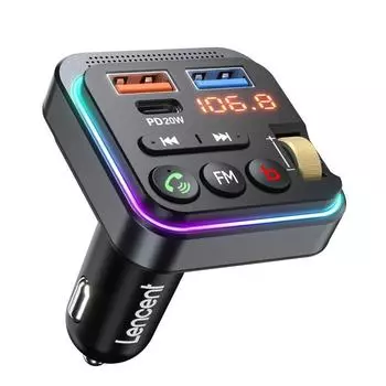 LENCENT Bluetooth 5,3 FM-передатчик Автомобильный адаптер с PD 20 Вт и QC3.0 Быстрое зарядное устройство Hi-Fi басовый звук и беспроводной микрофонный адаптер