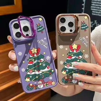 Lens Stand Holder Merry Christmas Gift Tree Pattern Case For iPhone 16 Pro Max 15 Plus 14 Pro 13 12 11 Soft TPU Shockproof Matte Slim Phone Cover iPhone 16 чёрный