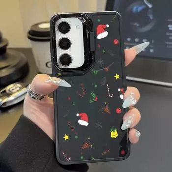 Lens Stand Tpu Soft Phone Case for Samsung S24 Ultra Plus S23 Fe A55 A54 A53 A35 A34 A16 A15 Cartoon Christmas Pattern Plain Color Slim Matte Cover Samsung S24 чёрный
