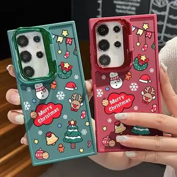 Lens Stand Tpu Soft Phone Case for Samsung S24 Ultra Plus S23 Fe A55 A54 A53 A35 A34 A16 A15 Merry Christmas Pattern Plain Color Slim Matte Cover Samsung S24 чёрный