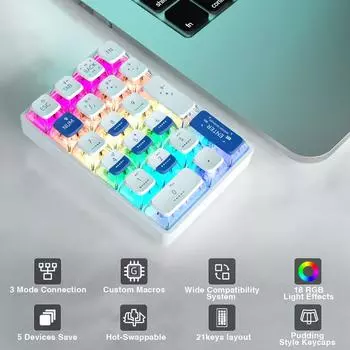 LEOBOG K21 Персонализированная механическая клавиатура с RGB-подсветкой, тремя режимами и клавишами с возможностью горячей замены. Blue White Ice shaft