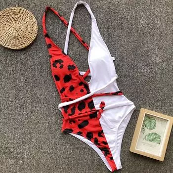 Leopard Piece One Bikini Bathing Patchwork Padded Deep V Bandage Halter Swimsuit M