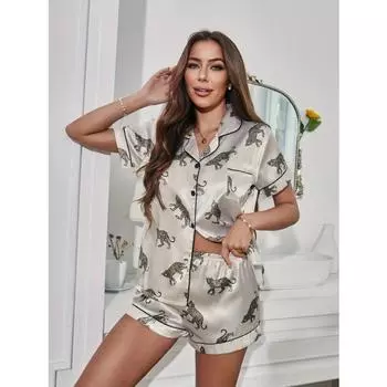Leopard Print Satin Pajama Set Casual Short Sleeve Buttons Lapel Top & Elastic Shorts Women s Sleepwear S