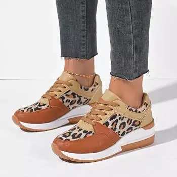 Leopard print slope heel platform single shoes women s 2025 autumn new color matching casual European and American trendy comfortable sports shoes 36 чёрный