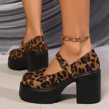 Leopard Super High Heels Mary Janes Women Fashion Ankle Buckle Platform Pumps Woman Pu Leather Chunky Heel Party Shoes Ladies 35
