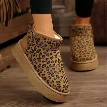 Leopard Women Snow Ankle Boots Flats Platform Shoes 2025 Trend Warm Short Plush Winter Boots Woman Casual Walking Botas Mujer 35 коричневый