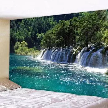 Лесной водопад, река, пейзаж, гобелен, настенное украшение для комнаты, художественное украшение, фон, ткань, украшение для гостиной, дома 100x75cm
