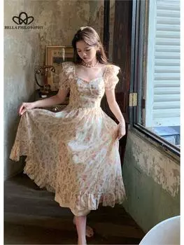 Летнее элегантное платье с цветочным принтом и короткими рукавами, винтажное женское праздничное пляжное платье с высокой талией и пышными рукавами, цельное корейское платье S бежевый