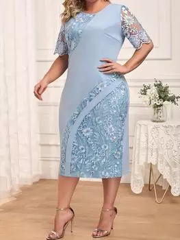 Летнее модное кружевное вечернее платье больших размеров, женское однотонное платье-карандаш с круглым вырезом и короткими рукавами, элегантное повседневное платье L синий