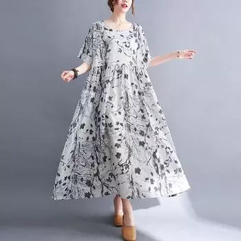 Летнее платье Chubby MM Loose Slimming Printed Cotton Linen с короткими рукавами для женщин One Size