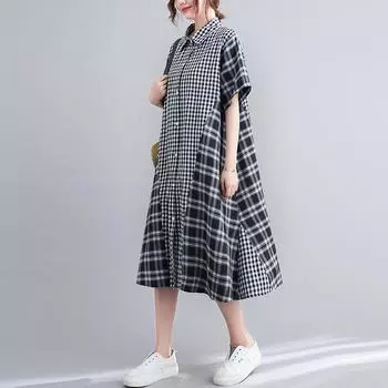Летнее платье-рубашка Fat MM Loose Large Size, прикрывающее мясо, средней длины, в клетку One size