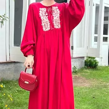 Летнее винтажное свободное длинное платье с круглым вырезом и длинными рукавами, вышитое платье One Size чёрный