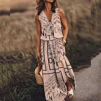 Летнее женское платье, длинное платье без рукавов, повседневное женское платье на молнии с буквенным принтом на талии S чёрный