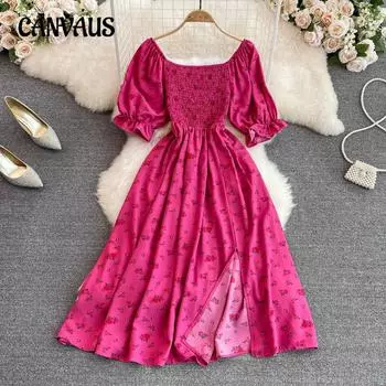 Летнее женское платье French Gentle Wind Sweet Square Neck Bubble Short Sleeve Thin Open A Word Dress One size белый