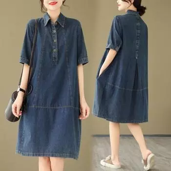 Летнее женское платье из Кореи Vestidos Robe Elbise Loose Plus Size Fashion Polo Short Sleeve Denim Dresses XXL синий