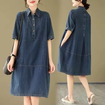 Летнее женское платье Vestidos Robe Elbise Свободное платье больших размеров с коротким рукавом Джинсовые платья XXL синий