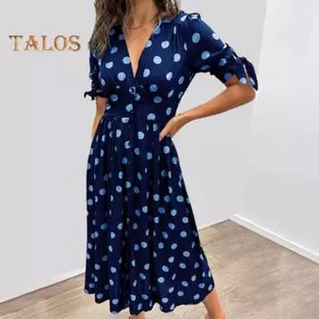 Летнее женское платье в горошек с V-образным вырезом, однобортное, с тонкой талией, трапециевидной формы, с большим подолом, на шнуровке, с короткими рукавами, OL, платье миди для свиданий L чёрный