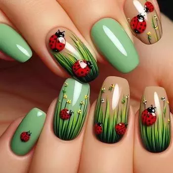 Летние французские накладные ногти с божьей коровкой, однотонные съемные ногти с рисунком из мультфильма «трава»