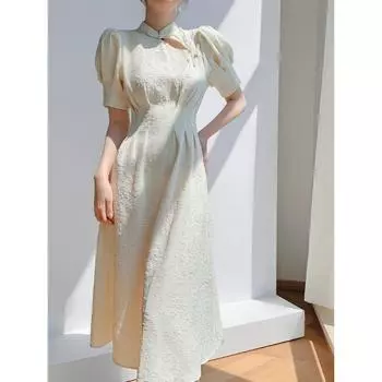 Летние винтажные белые платья Cheongsam с короткими рукавами S белый