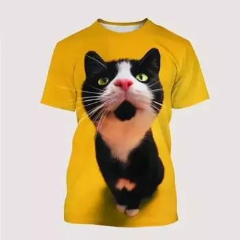 Летние забавные цветные футболки с 3D-принтом Cat, уличная мужская мода, повседневные футболки большого размера с круглым вырезом и короткими рукавами, футболки, топы, одежда S