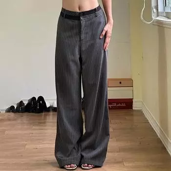 Летние женские брюки Collision Waist Head Design Loose Pitch Stripe Drape Straight Universal Temperament Casual Woven S серый