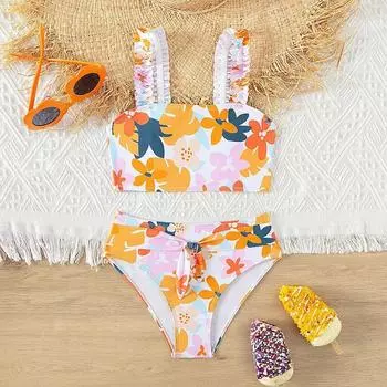Летний красочный комплект бикини из двух предметов для девочек 5-15 лет, купальник для девочек-подростков, купальный костюм, купальник с цветочным принтом 5-6 years old оранжевый