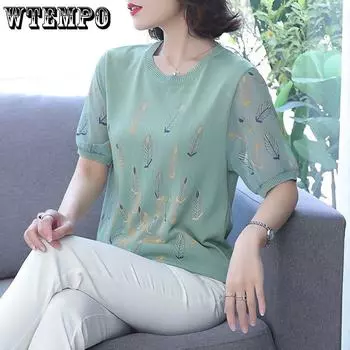 Летний наряд для мамы, вязаный свитер Ice Silk с короткими рукавами для женщин среднего и пожилого возраста, свободная футболка с круглым вырезом, летний топ M