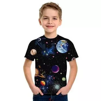 Летний топ с круглым вырезом и принтом 3D Color Planet, модные повседневные футболки с короткими рукавами для мальчиков 110