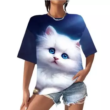 Летний топ с круглым вырезом и принтом 3D Cat, модная повседневная женская футболка с короткими рукавами S