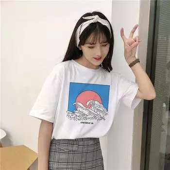 Летний топ, женская мода, Harajuku, большая волна, японский принт, забавная футболка с короткими рукавами, футболки XL белый
