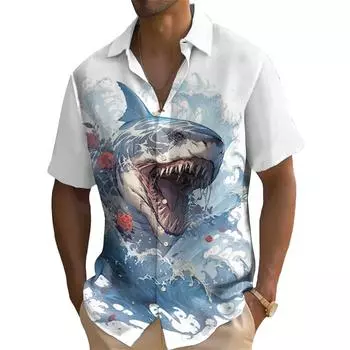 Летняя мода Ocean Overlord Shark Print Мужская повседневная рубашка с коротким рукавом для уличной хип-хоп вечеринки Мужская рубашка больших размеров Топы S