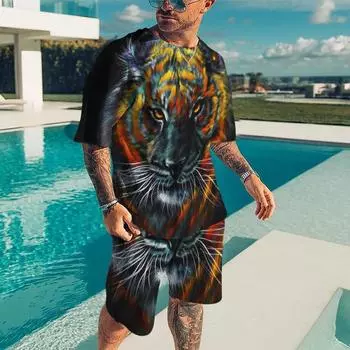 Летняя мода Tiger Wolf с 3D принтом, мужская футболка с короткими рукавами, шорты, комплекты из 2 предметов, мужской повседневный уличный спортивный костюм большого размера