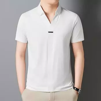 Летняя молодежная деловая повседневная высокоэластичная рубашка-поло с половиной рукавов, шелковая бесшовная мужская футболка с v-образным вырезом и короткими рукавами M
