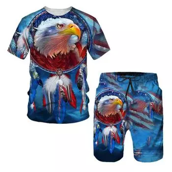 Летняя мужская футболка + пляжные брюки Eagle USA Flag 3D принт плавки мода для отдыха с короткими рукавами полный комплект одежды XXL