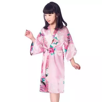 Летняя ночная рубашка для девочек с принтом павлина и пиона, шелковая на ощупь, халат 4 yards (80-90cm) озеро синий