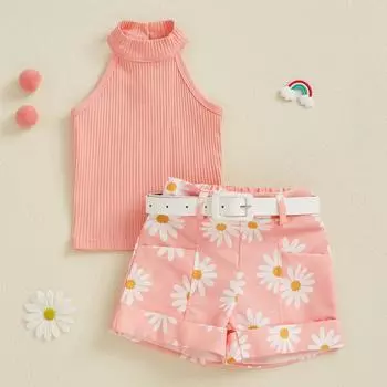Летняя одежда для девочек-малышей: однотонные топы с резинкой на шее и шорты с поясом в клетку/ромашки 6-12 Months розовый