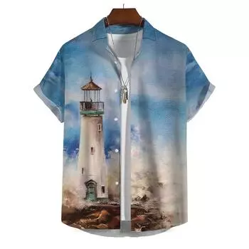 Летняя рубашка для мужчин Lighthouse 3D Printed Мужская одежда Свободная рубашка большого размера для пляжной вечеринки Топы с короткими рукавами Гавайская толстовка M