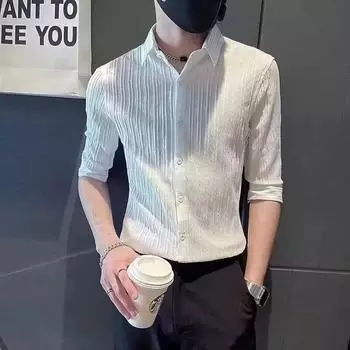 Летняя рубашка Ice Silk Design Sense с рукавами семь четвертей, мужская рубашка с короткими рукавами, дюймовая рубашка, летняя тонкая рубашка M чёрный