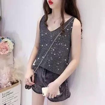 Летняя женская блузка Ice Silk Diamond Camisole Loose Sleeveless V-образным вырезом Bottoming Tank Crop Tops XXXL чёрный
