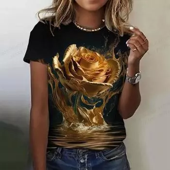 Летняя женская футболка с 3D принтом Gold Rose, женская модная футболка, футболка с круглым вырезом и коротким рукавом, топ с цветочным принтом, футболки Harajuku 6XL