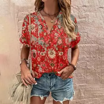 Летняя женская футболка с цветочным принтом Y2k Clothing Top Женская повседневная футболка Harajuku с V-образным вырезом Модные футболки с коротким рукавом большого размера S