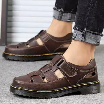 Лето 2025 года, мужская обувь Foreign Trade Explosion Leather, повседневные сандалии на платформе Baotou Velcro, большие размеры 38