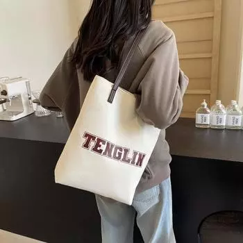 Letter Print Canvas Bag Women s Large Capacity Casual Shoulder Bag Student Class Commuter Tote Bag бежевый